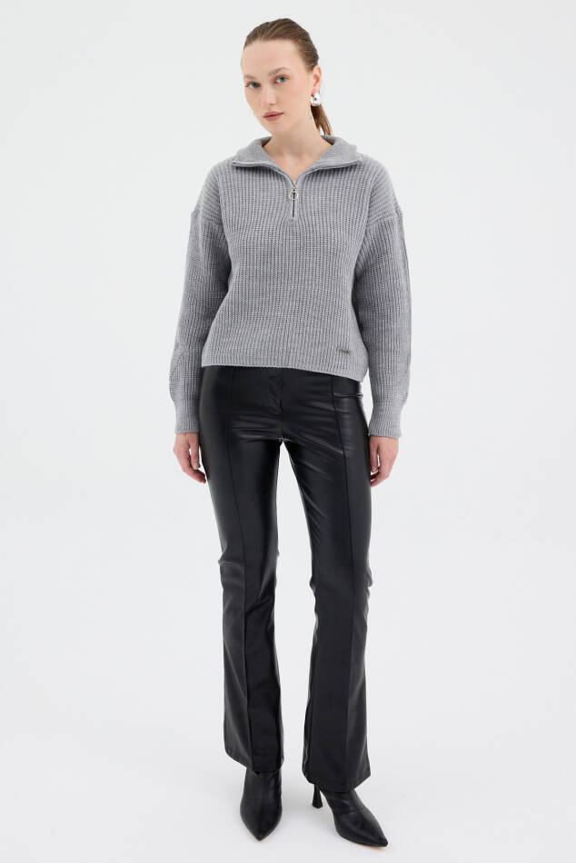 Gri Yarım Fermuarlı Crop Triko Kadın Kazak7135 - 6