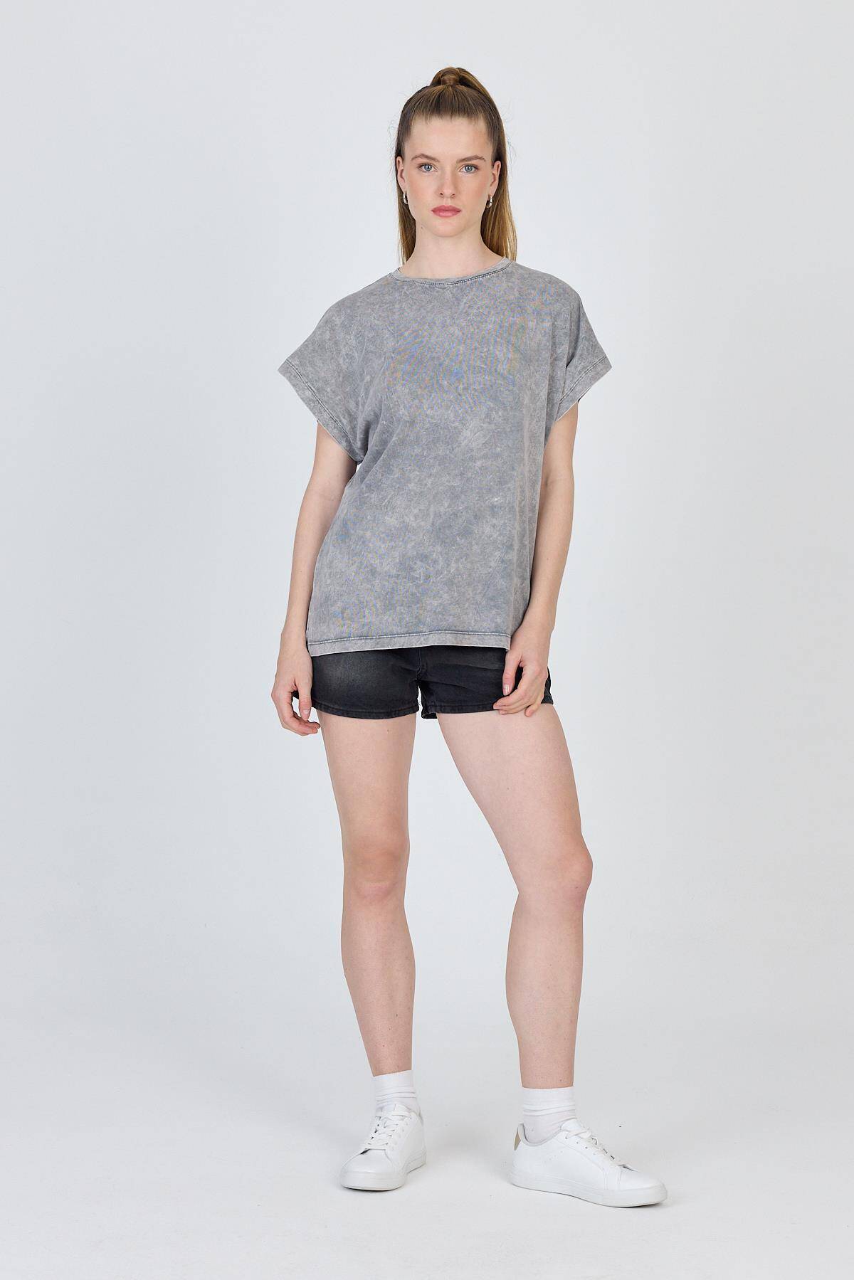 Gri Yıkamalı Oversize Basic Tişört 253014 - 3