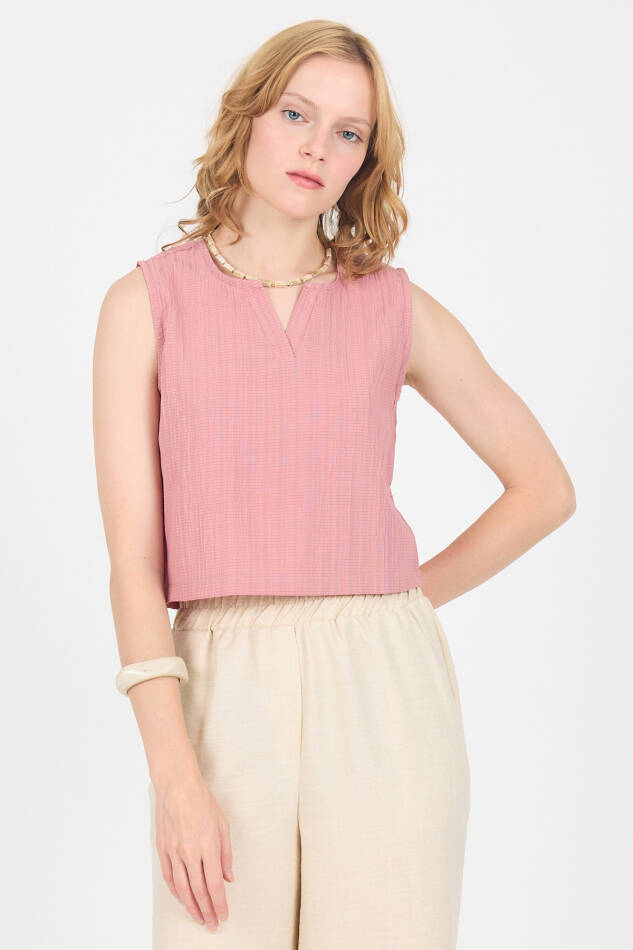 Gül V Yaka Kolsuz Crop Bluz 8027 - 1