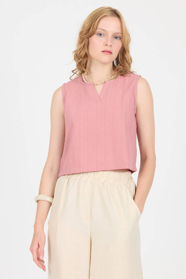 Gül V Yaka Kolsuz Crop Bluz 8027 - 6
