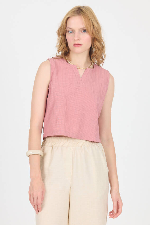 Gül V Yaka Kolsuz Crop Bluz 8027 - 7