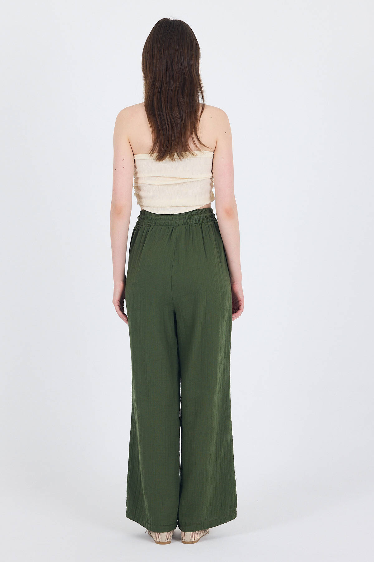 Haki %100 Pamuk Müslin Palazzo/Bol Paça Pantolon 8056A - 5