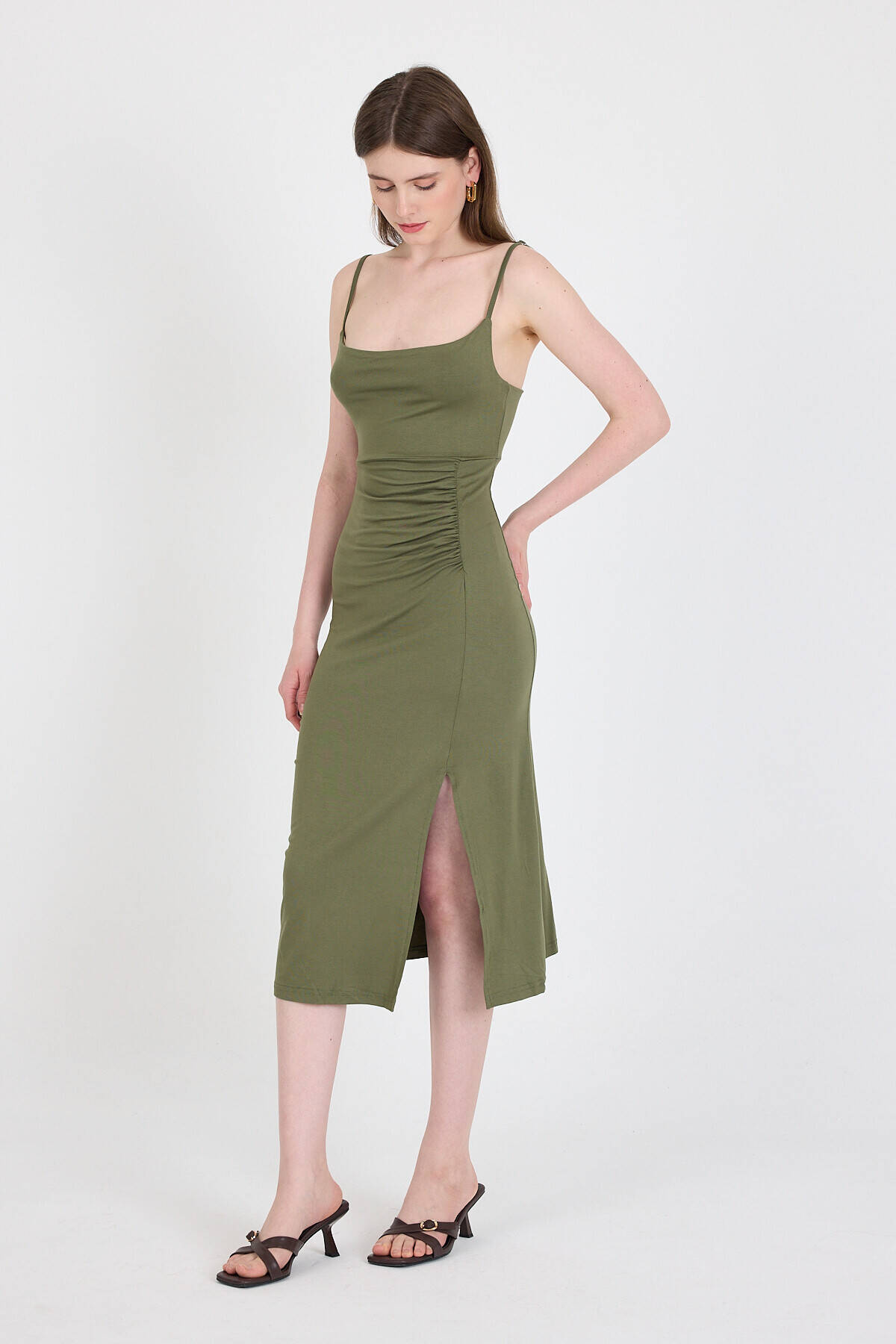 Haki Askılı Yırtmaçlı Drape Detaylı Dokuma Elbise 21003 - 3