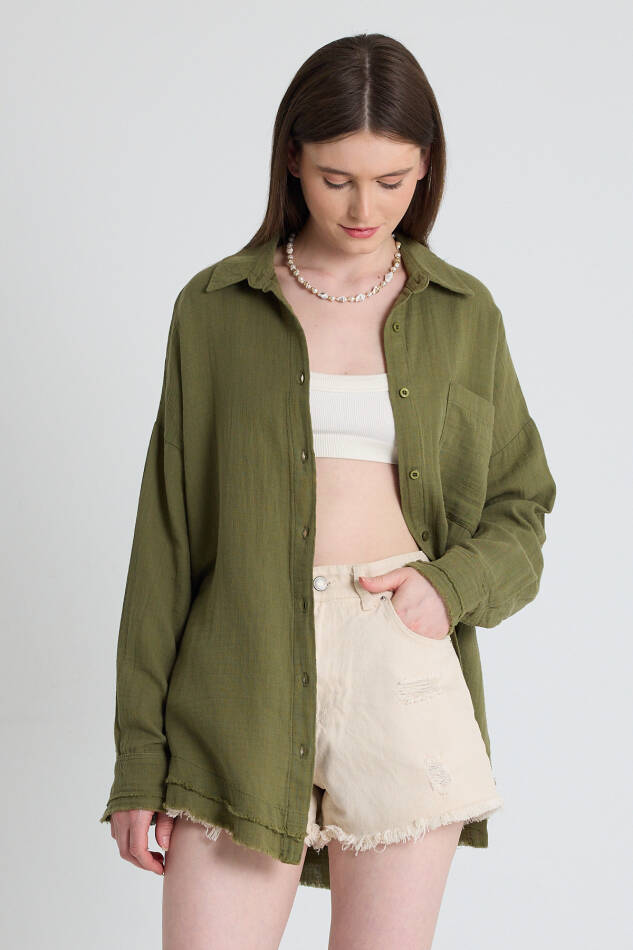 Haki Oversize %100 Pamuk Müslin Gömlek 4786A - 1