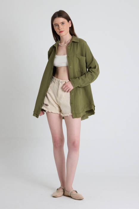 Haki Oversize %100 Pamuk Müslin Gömlek 4786A - Stilay