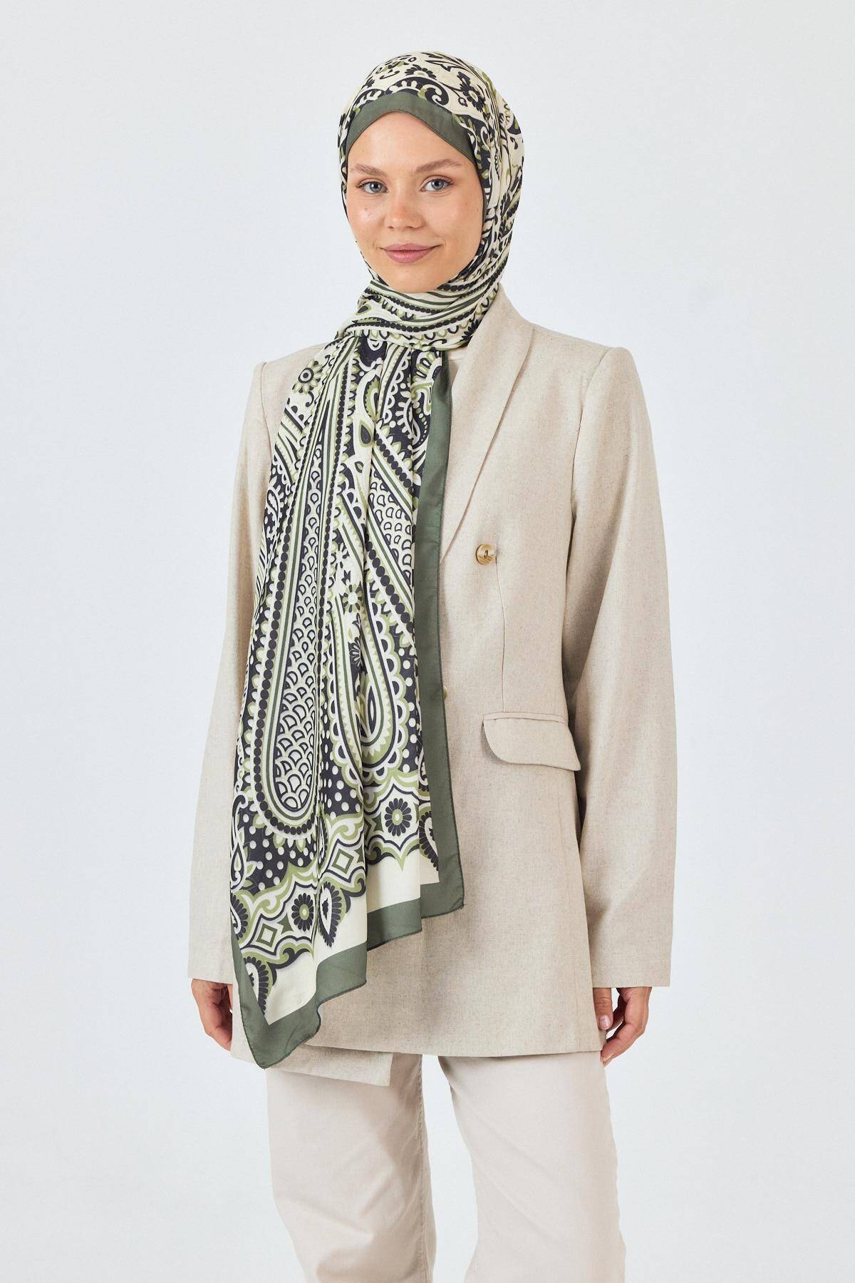 Haki-Siyah Retro Desenli Şal 5684 - 1