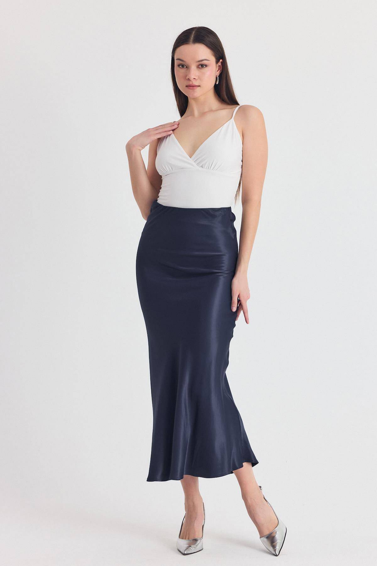 İndigo Beli Lastikli Saten Midi Etek 9427 