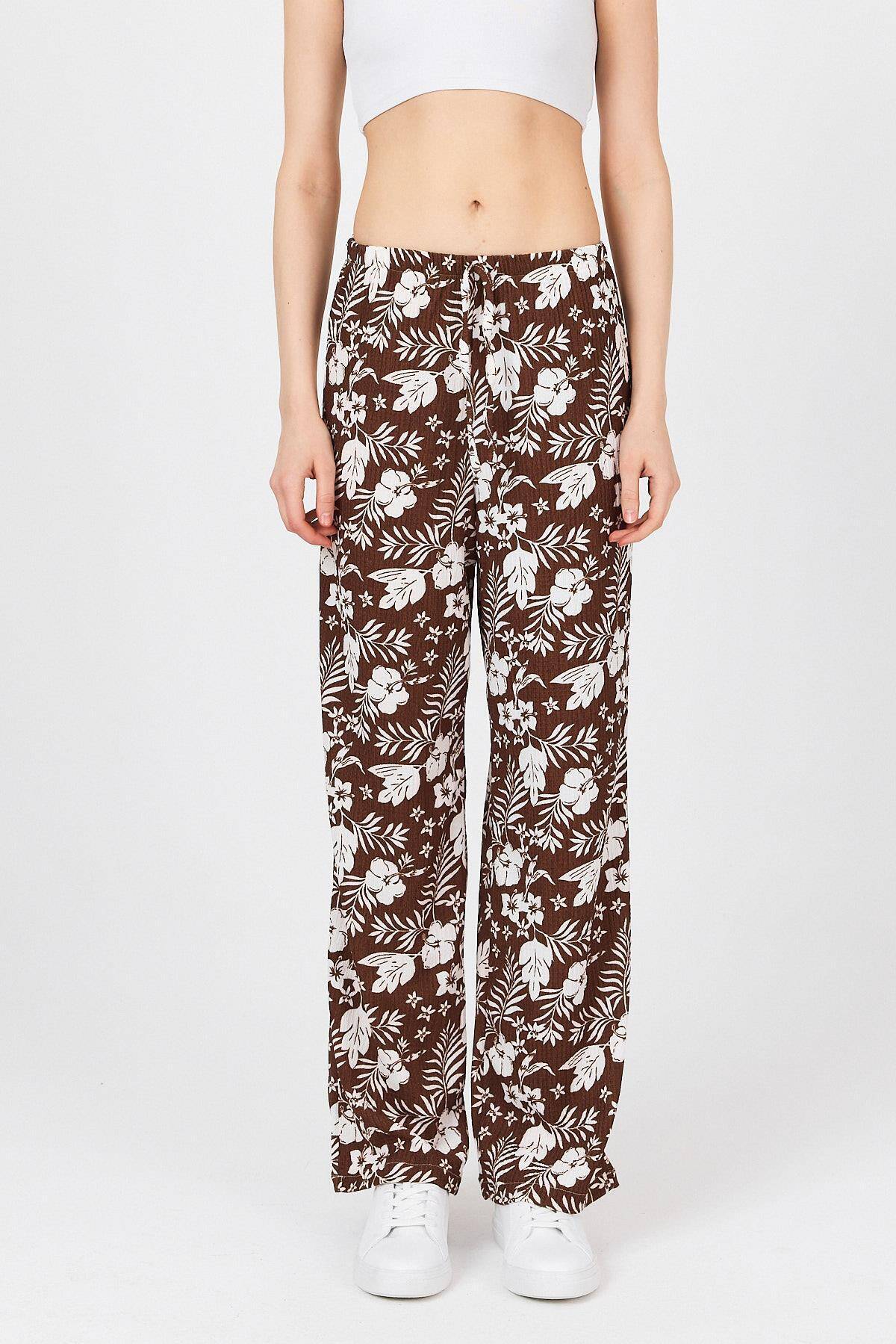 Kahve Bel Lastikli Desenli Pantolon 4725A - Stilay