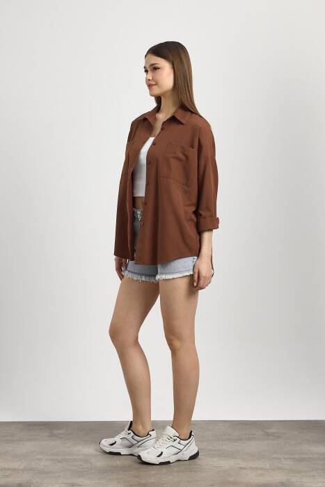 Kahve Çift Cepli Oversize Uzun Basic Gömlek TCR 6256A - Stilay