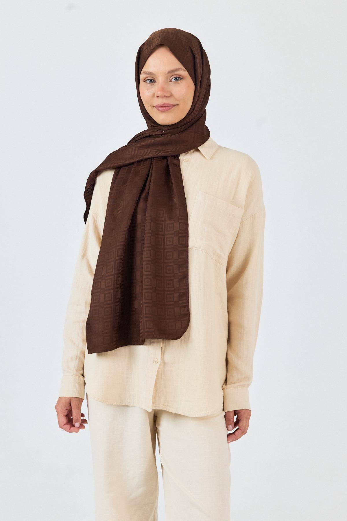 Kahve Kare Desen Jakar Şal 5692 - 1