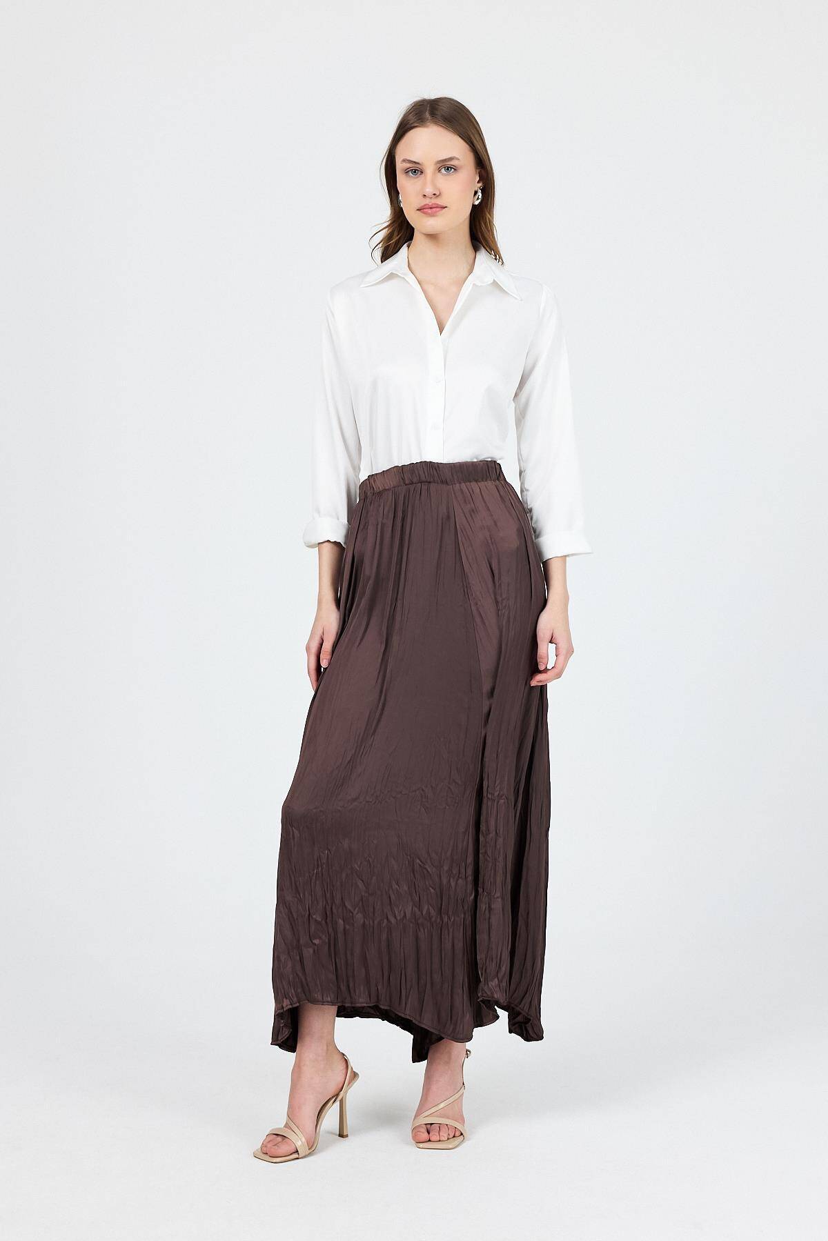 Kahve Kraşlı Kırışık Kumaş Etek 9470 - 7