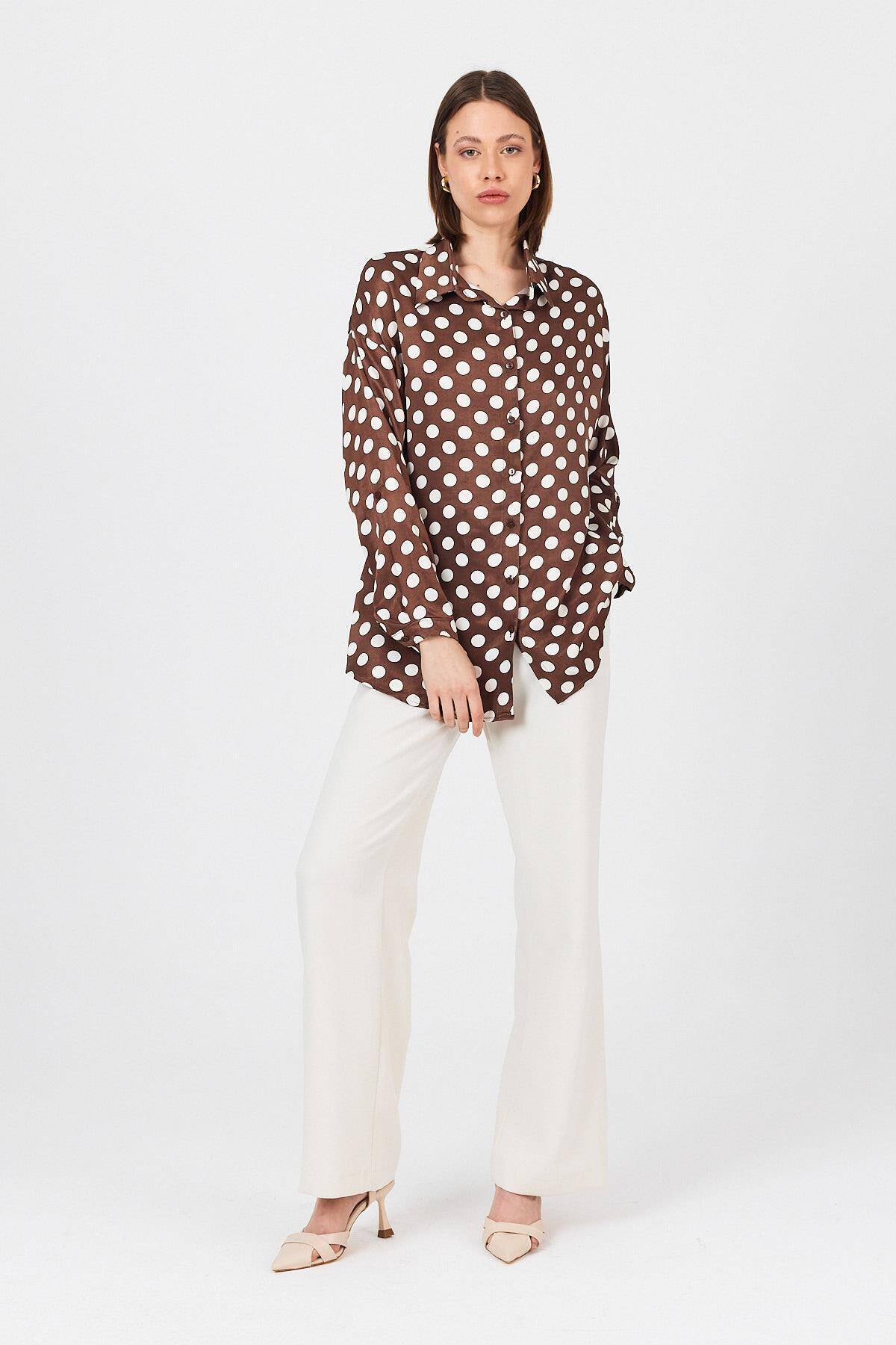 Kahve Puantiye Desen Oversize Saten Gömlek 9411 - 3