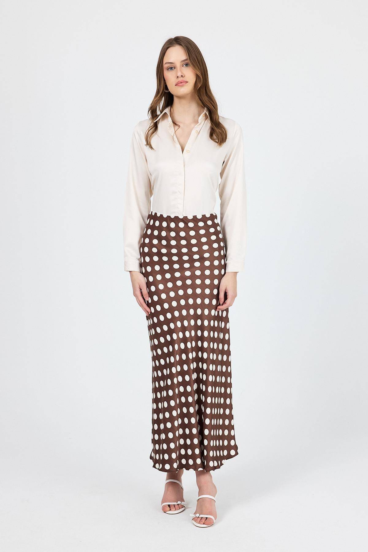 Kahve Puantiye Desen Saten Midi Etek 9416 - Stilay