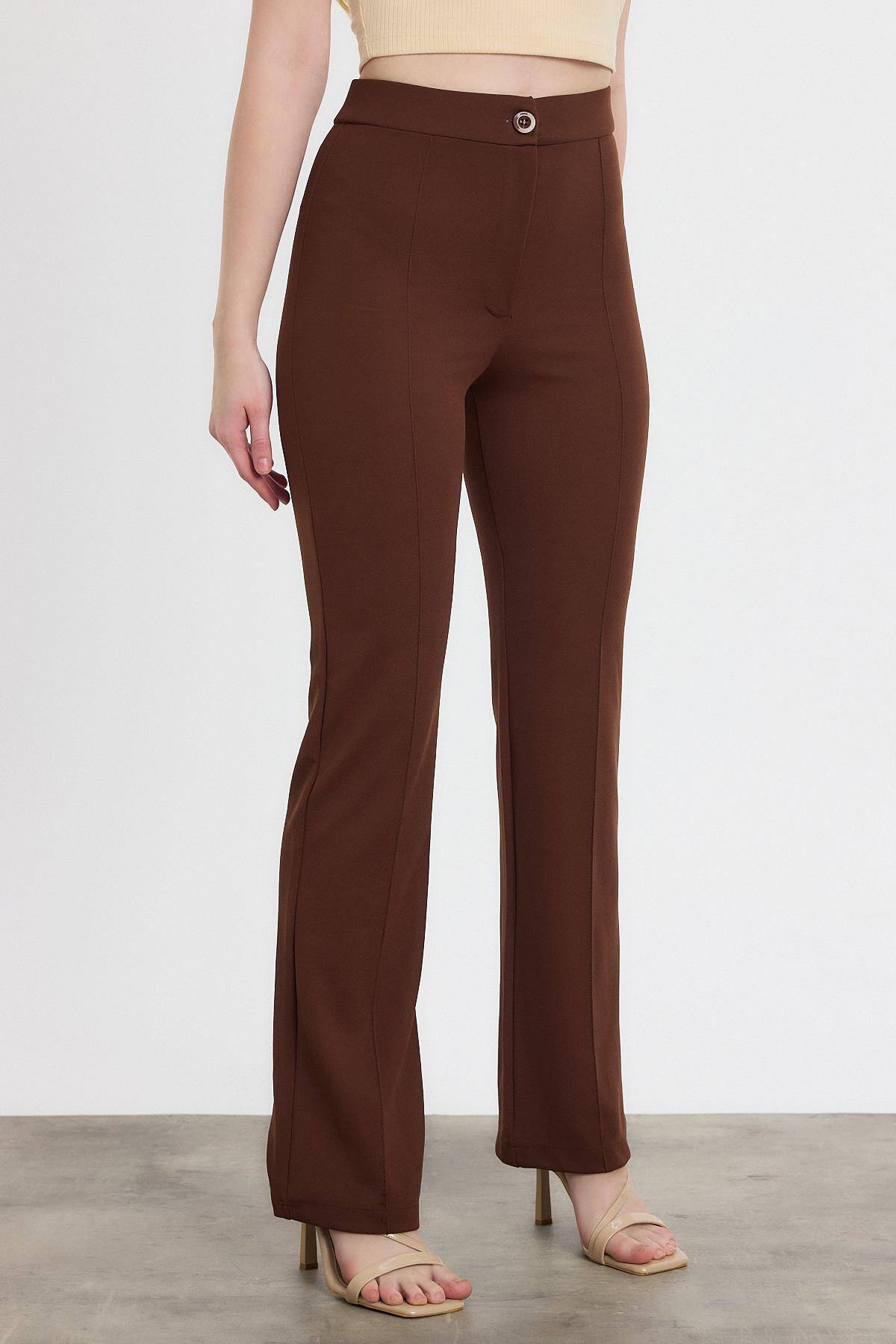 Kahve Straight/Düz Kesim Yüksek Bel Nervür Dikişli Örme Pantolon 6873 - Stilay