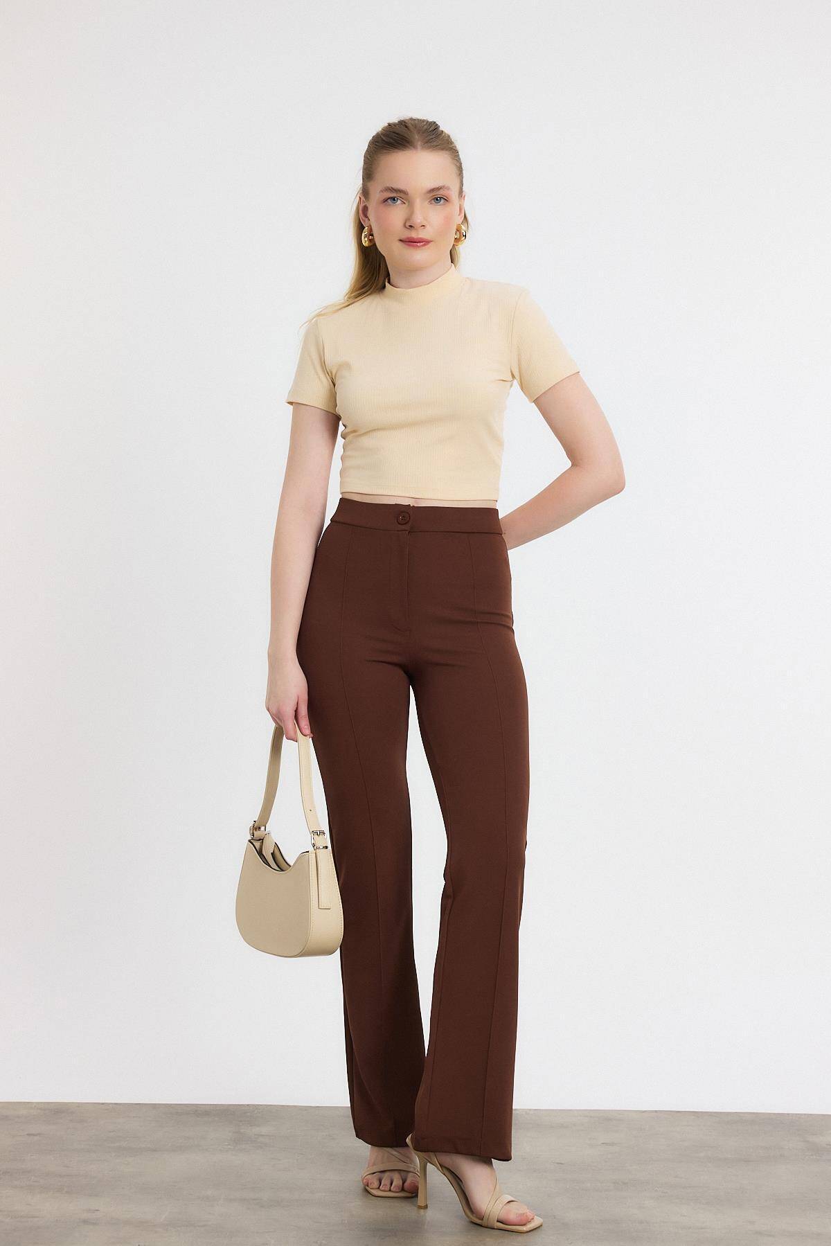 Kahve Straight/Düz Kesim Yüksek Bel Nervür Dikişli Örme Pantolon 6873 - 3