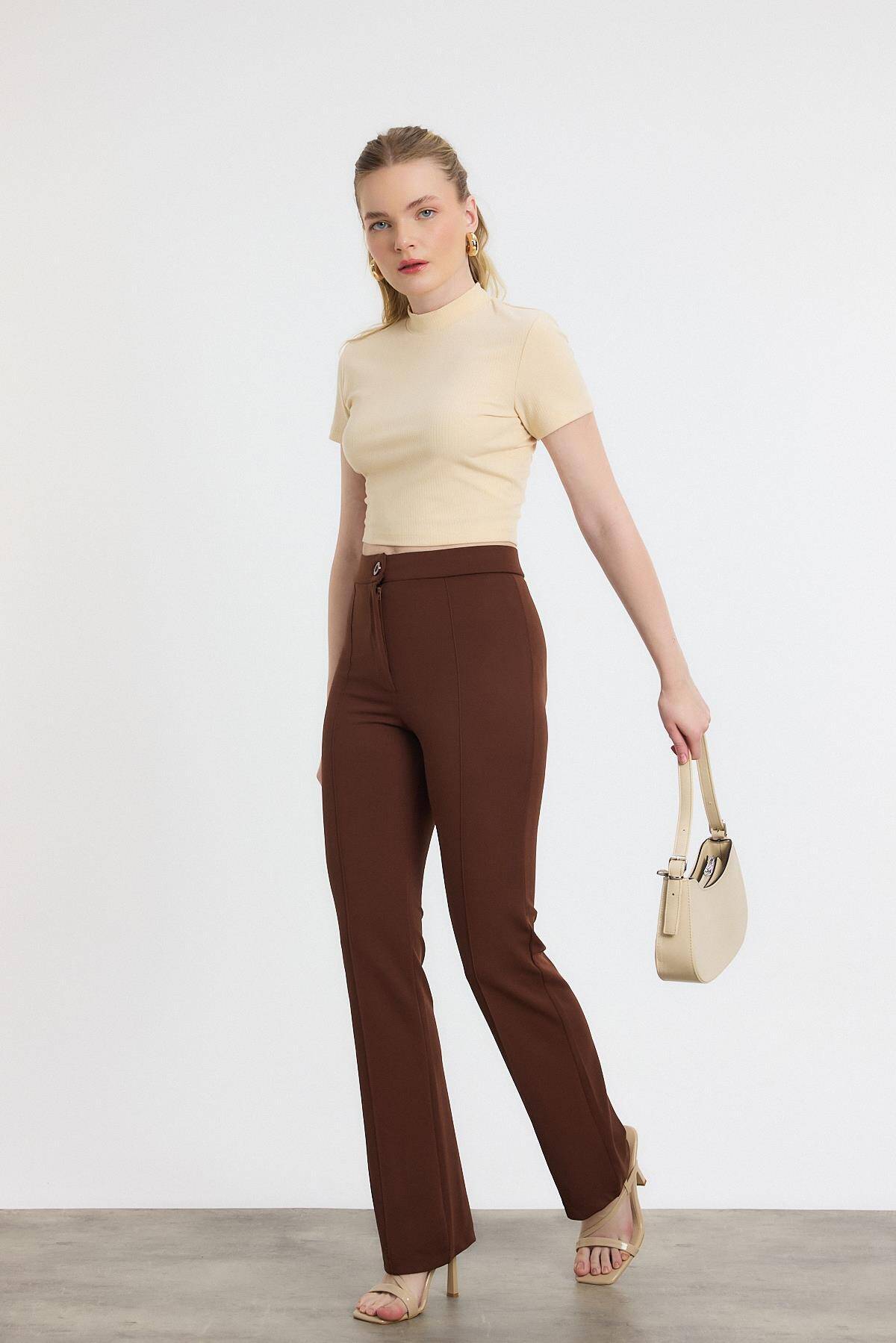 Kahve Straight/Düz Kesim Yüksek Bel Nervür Dikişli Örme Pantolon 6873 - 7