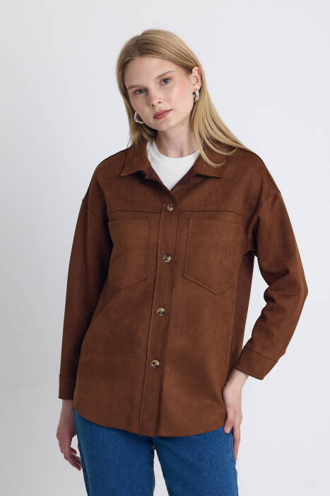 Kahve Süet Görünümlü Oversize Gömlek Ceket 7325A - Stilay
