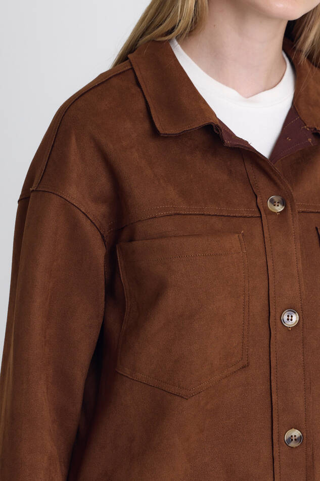 Kahve Süet Görünümlü Oversize Gömlek Ceket 7325A - 4