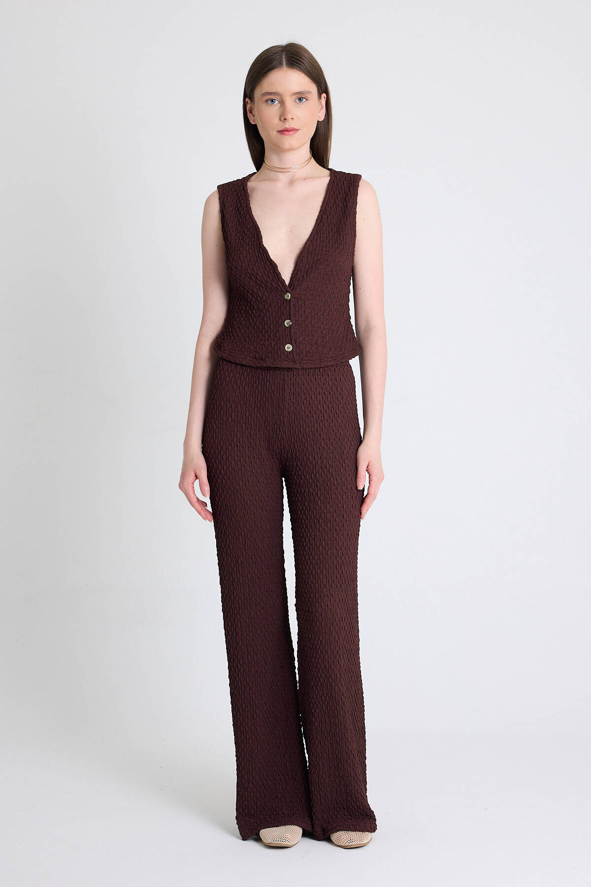 Kahve V Yaka Yelek ve Pantolon Takımı 3000 - Stilay