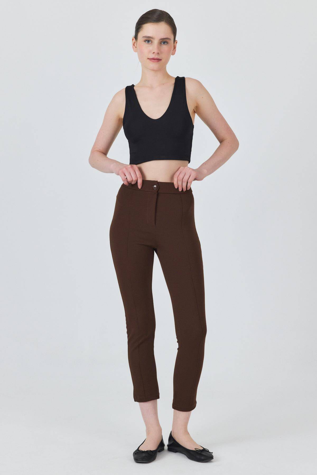 Kahve Yüksek Bel Nervür Dikiş Detaylı Tayt Pantolon 6875A - Stilay