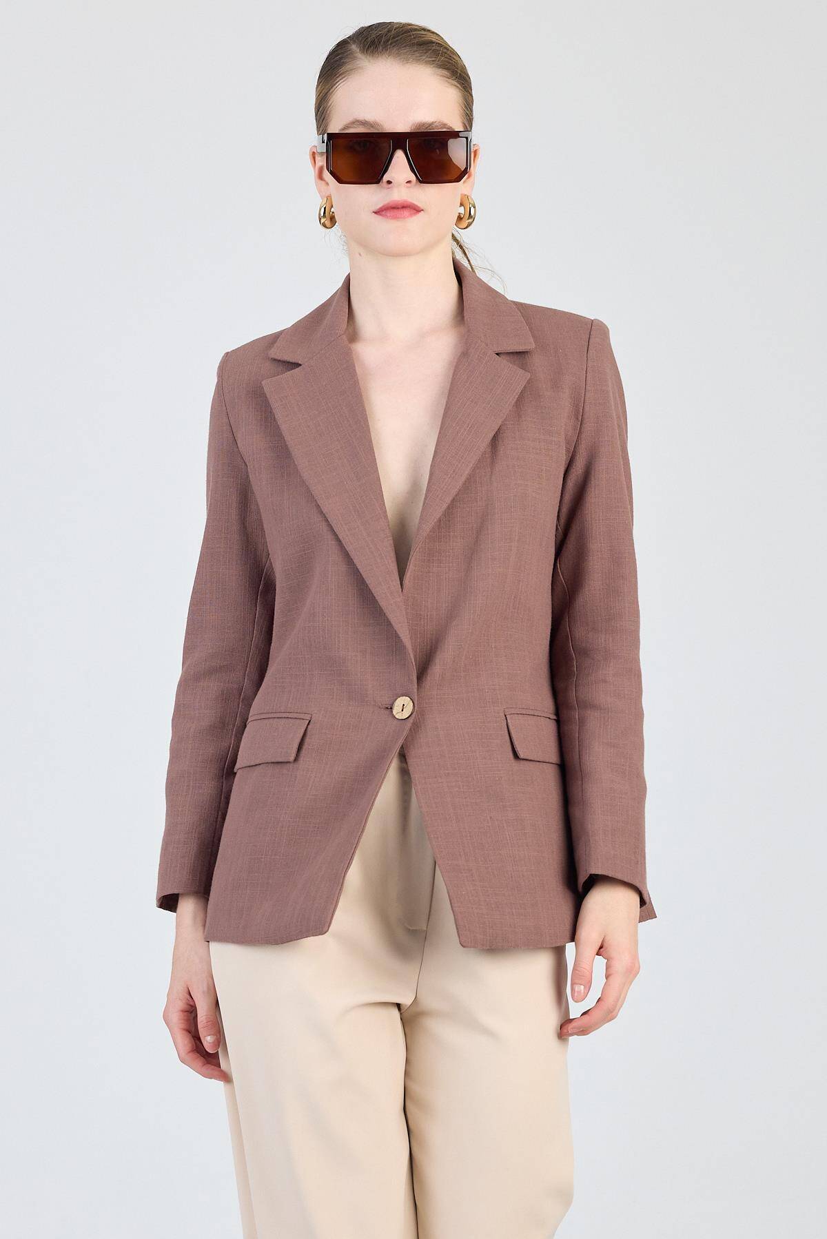 Kahverengi Keten Görünümlü %100 Pamuk Astarlı Blazer Ceket 6023-3 - Stilay