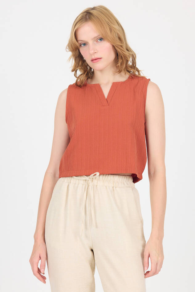 Kiremit V Yaka Kolsuz Crop Bluz 8027 - 1