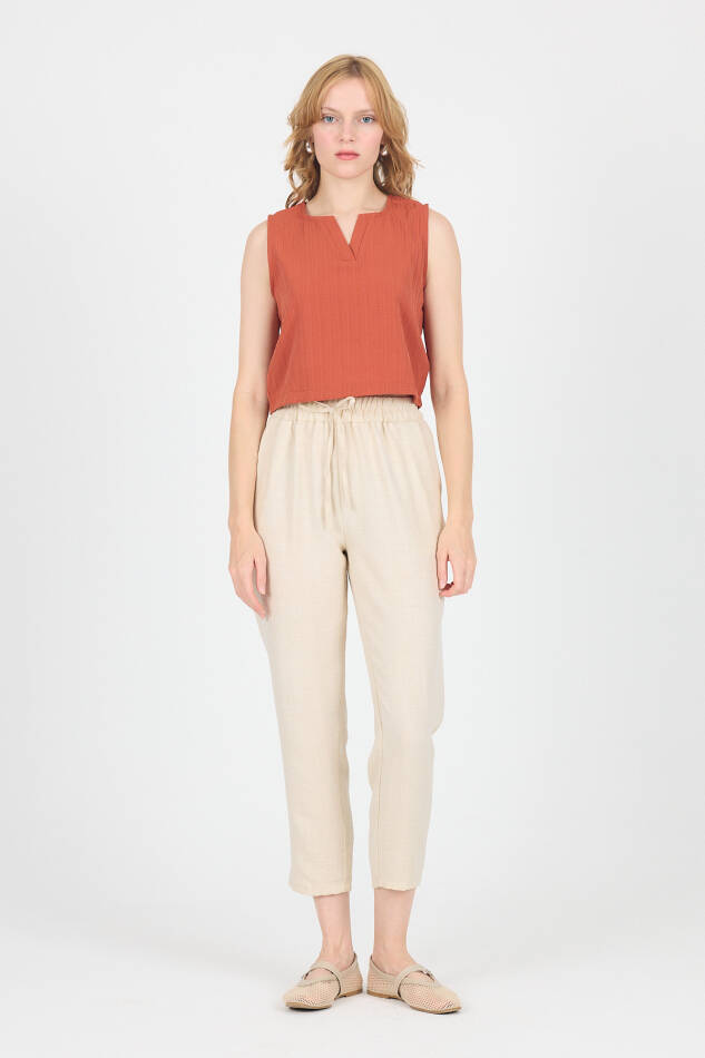 Kiremit V Yaka Kolsuz Crop Bluz 8027 - 3