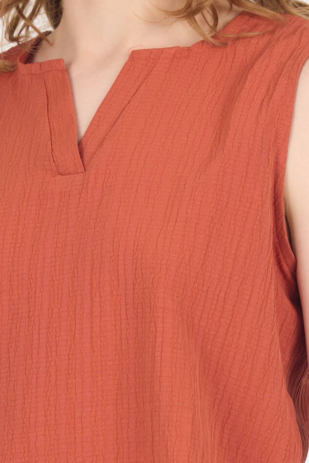 Kiremit V Yaka Kolsuz Crop Bluz 8027 - 4
