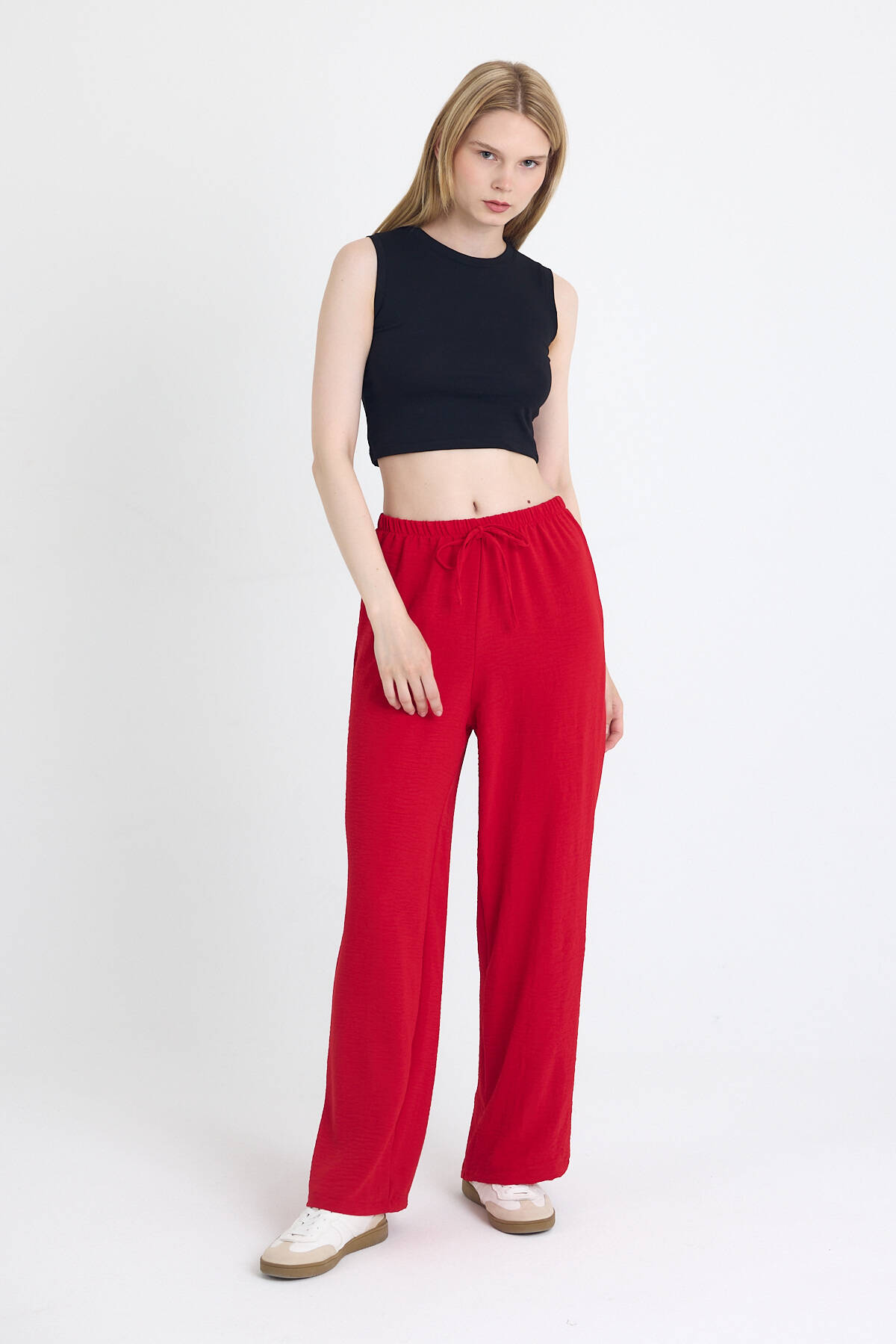 Kırmızı Beli Lastikli Bol Paça Dokuma Pantolon 4284-1 - Stilay
