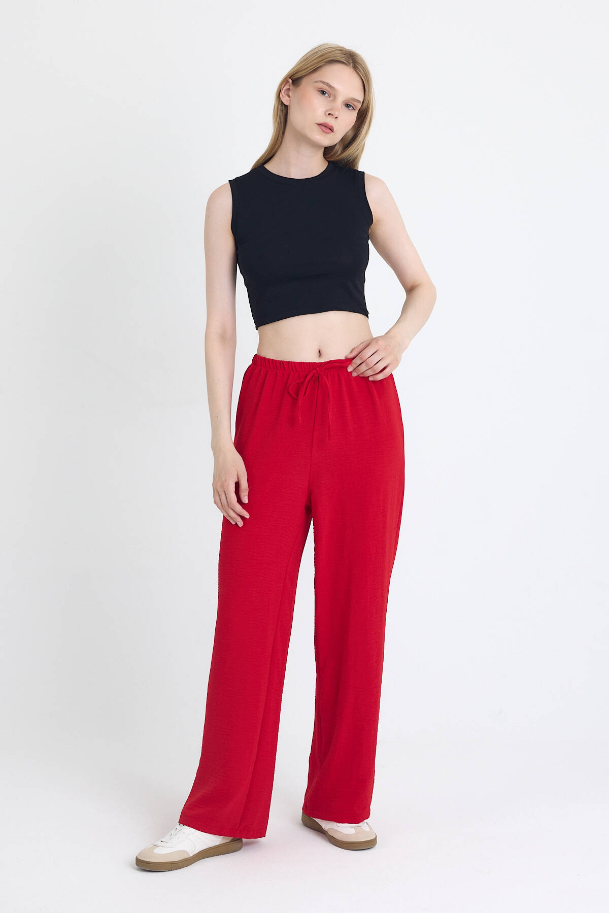 Kırmızı Beli Lastikli Bol Paça Dokuma Pantolon 4284-1 - 3
