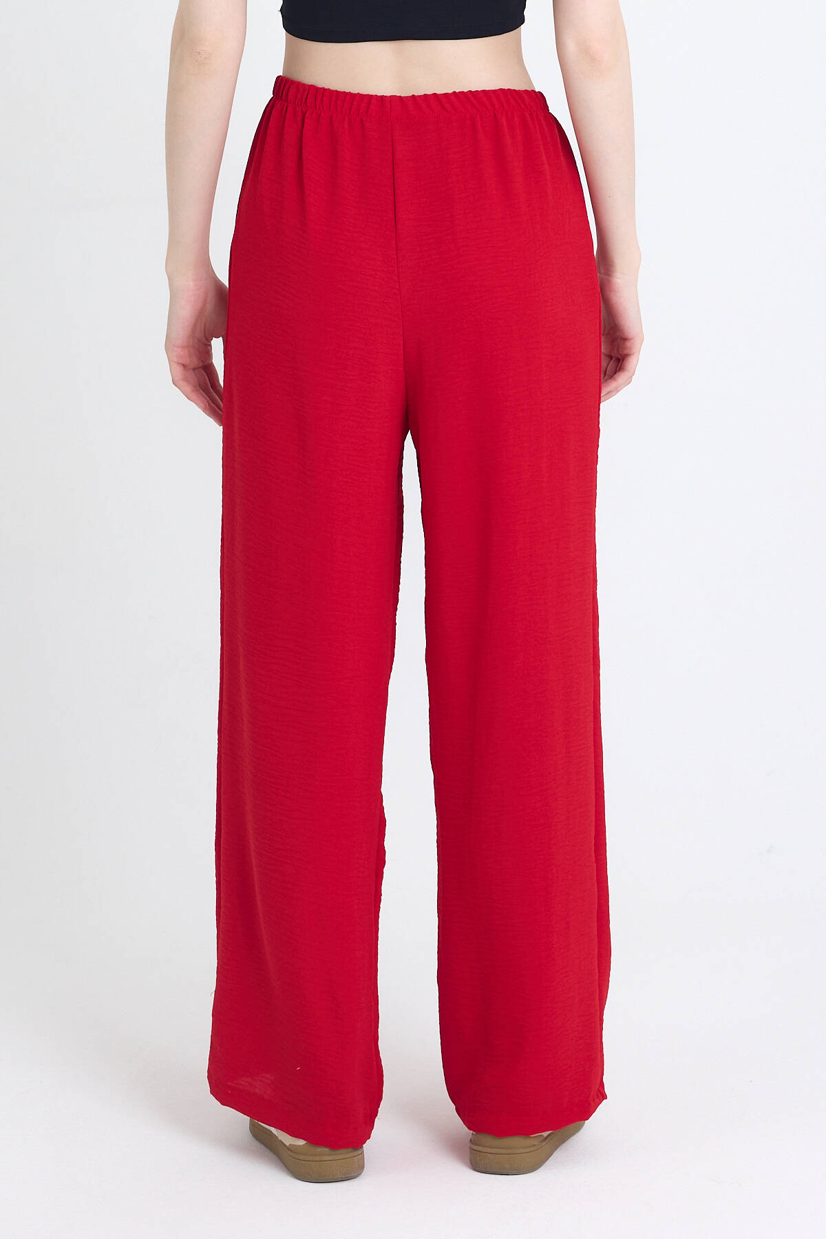 Kırmızı Beli Lastikli Bol Paça Dokuma Pantolon 4284-1 - 5