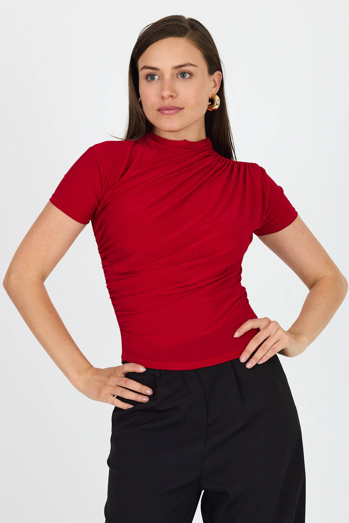Kırmızı Kısa Kol Büzgülü Sandy Bluz 2417 - Stilay