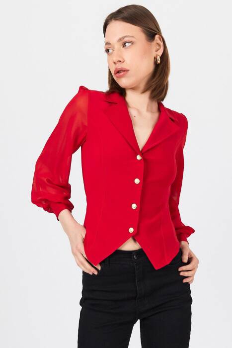 Kırmızı Kruvaze Yaka Düğmeli Pensli Gömlek 9476 - Stilay