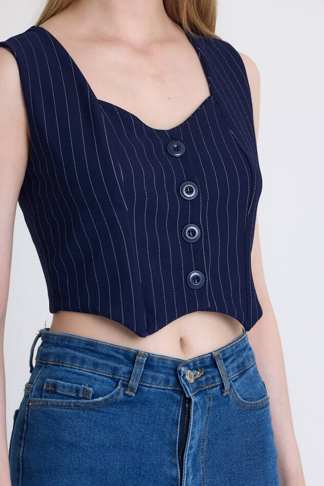 Laci Çizgili V Yaka Pens Detaylı Düğmeli Crop Yelek 4288A - 4
