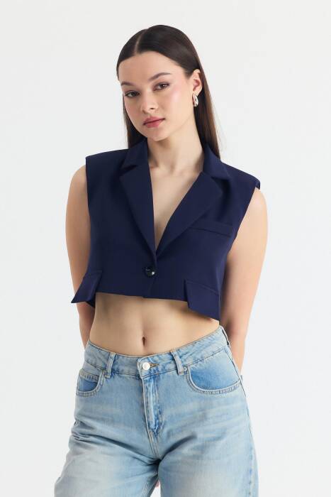 Laci Crop Vatkalı Tek Düğme Cep Detay Yelek 6929 