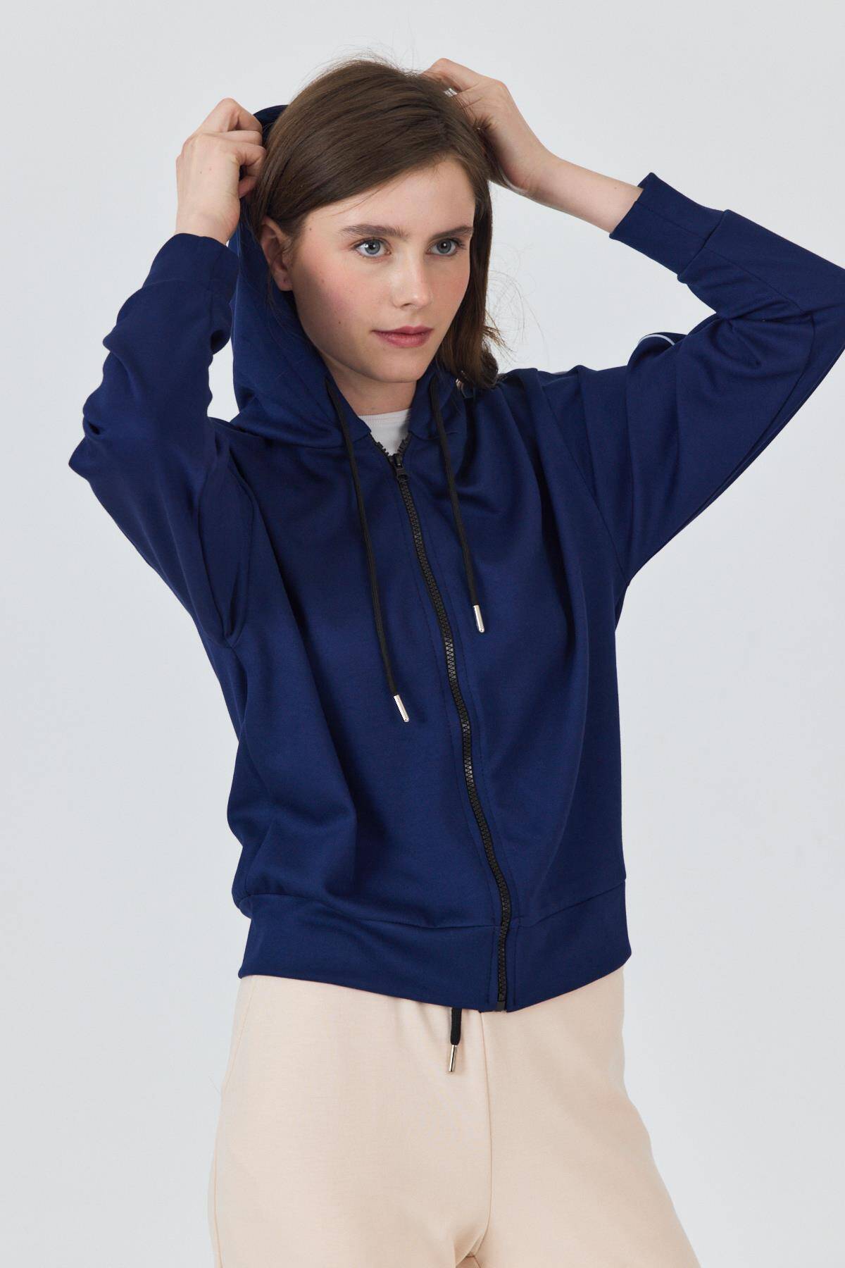 Laci Fermuarlı Kapüşonlu Şerit Detaylı Sweatshirt 3045 - 2