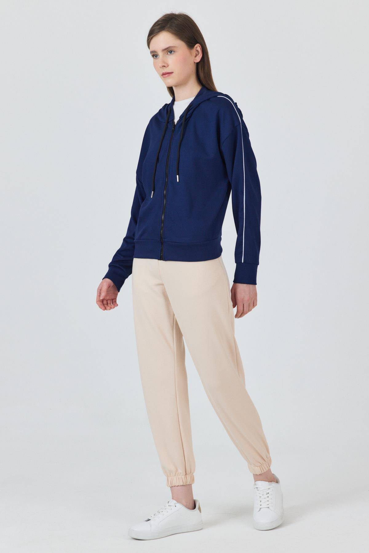 Laci Fermuarlı Kapüşonlu Şerit Detaylı Sweatshirt 3045 - 3