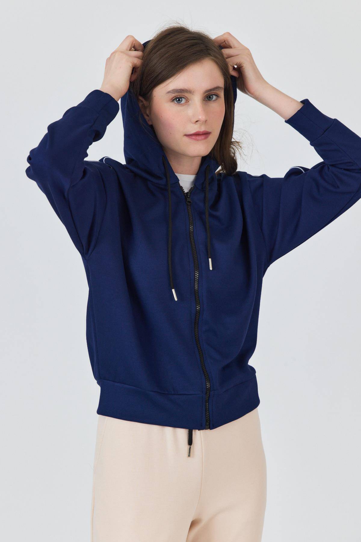 Laci Fermuarlı Kapüşonlu Şerit Detaylı Sweatshirt 3045 - 4