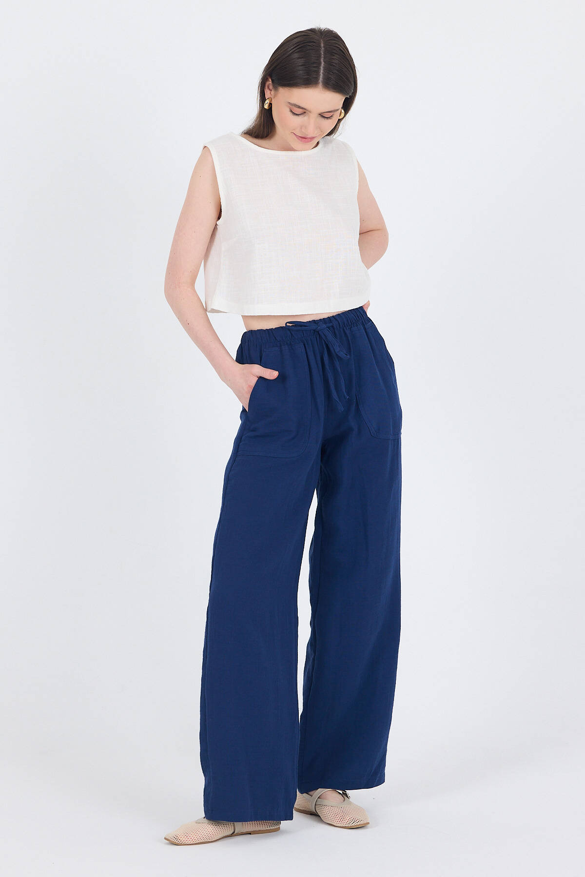 Laci Keten Görünümlü %100 Pamuk Cepli Bol Paça Pantolon 8054A - Stilay