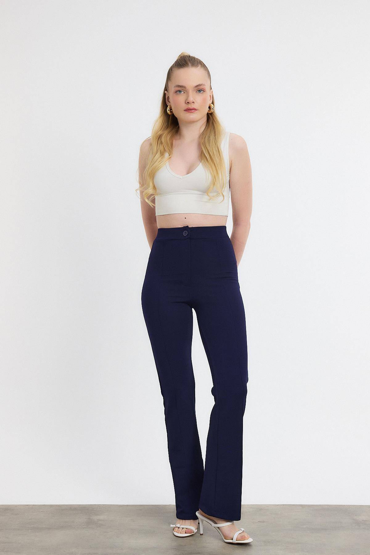 Laci Straight/Düz Kesim Yüksek Bel Nervür Dikişli Örme Pantolon 6873 - 1