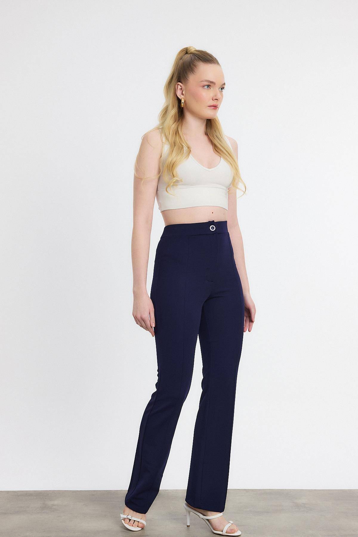 Laci Straight/Düz Kesim Yüksek Bel Nervür Dikişli Örme Pantolon 6873 - Stilay