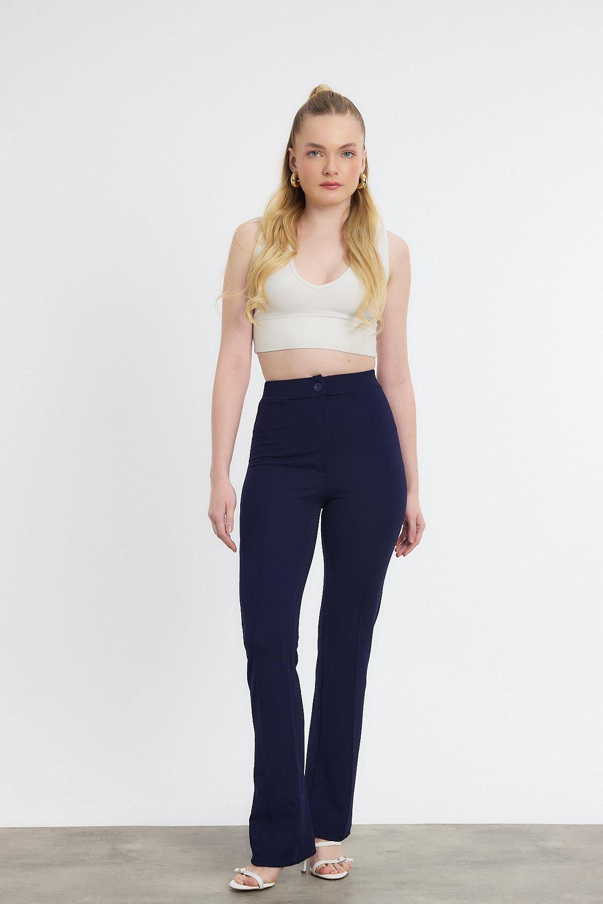 Laci Straight/Düz Kesim Yüksek Bel Nervür Dikişli Örme Pantolon 6873 - 6