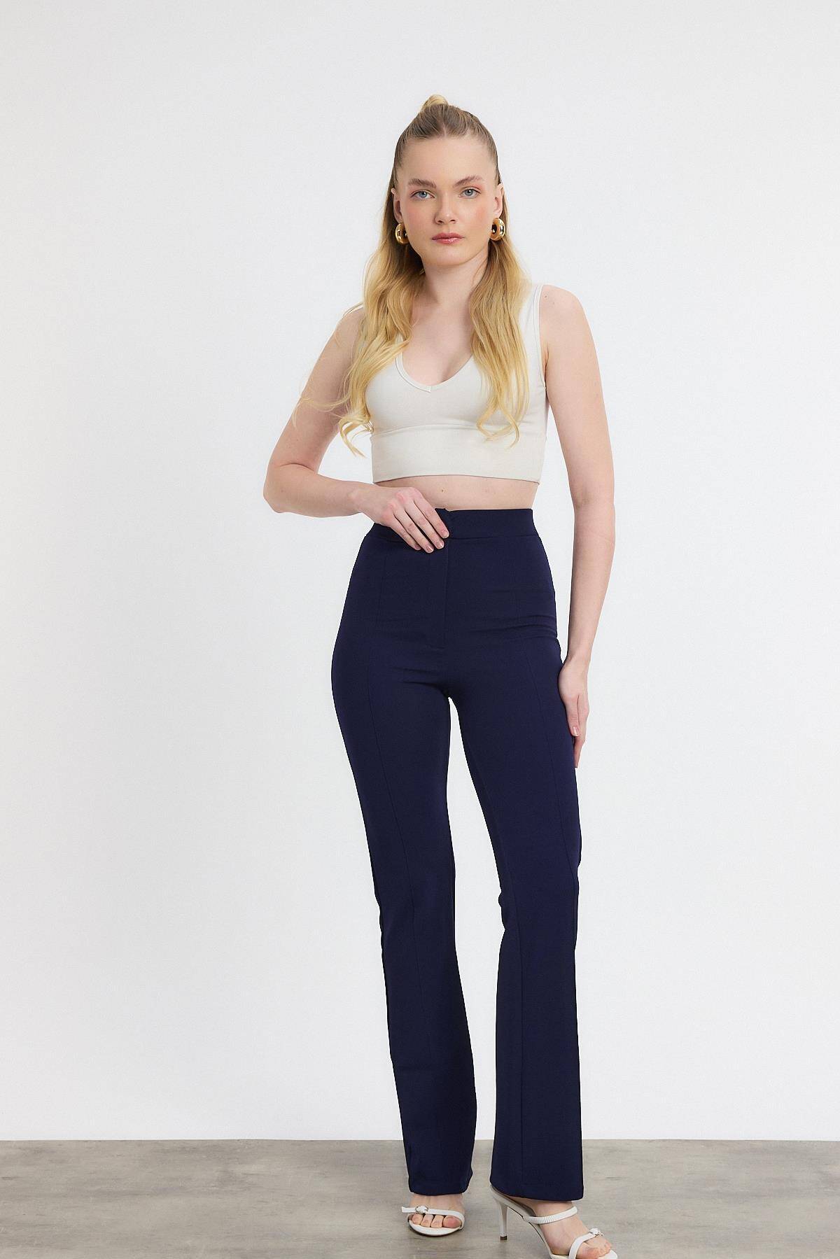 Laci Straight/Düz Kesim Yüksek Bel Nervür Dikişli Örme Pantolon 6873 - 7