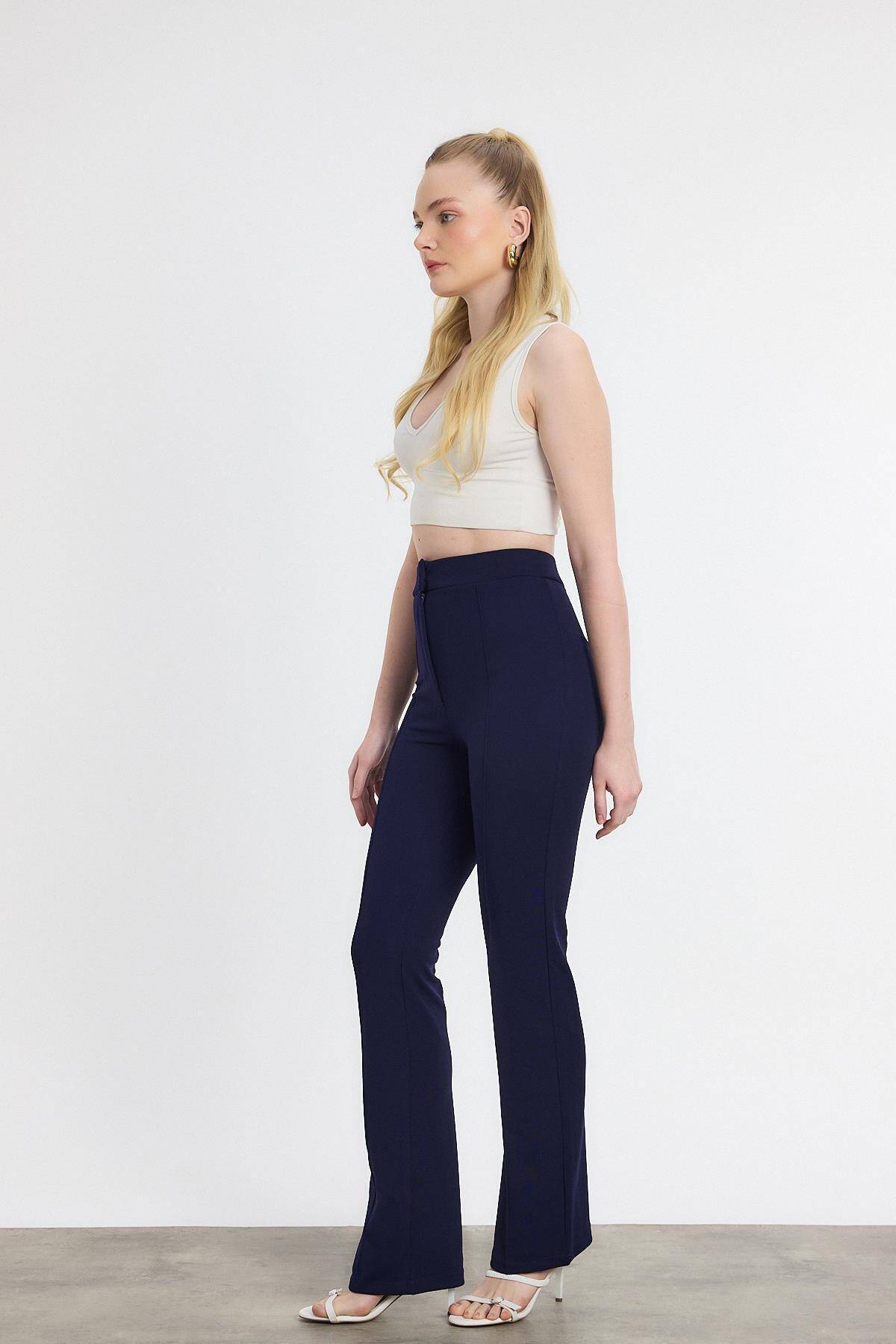 Laci Straight/Düz Kesim Yüksek Bel Nervür Dikişli Örme Pantolon 6873 - 8