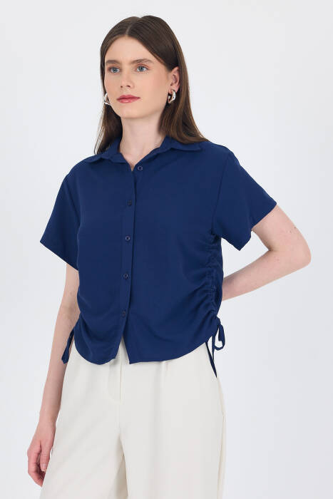 Laci Yanları Büzgülü Bağcıklı Kısa Kollu Gömlek 4368A - Stilay