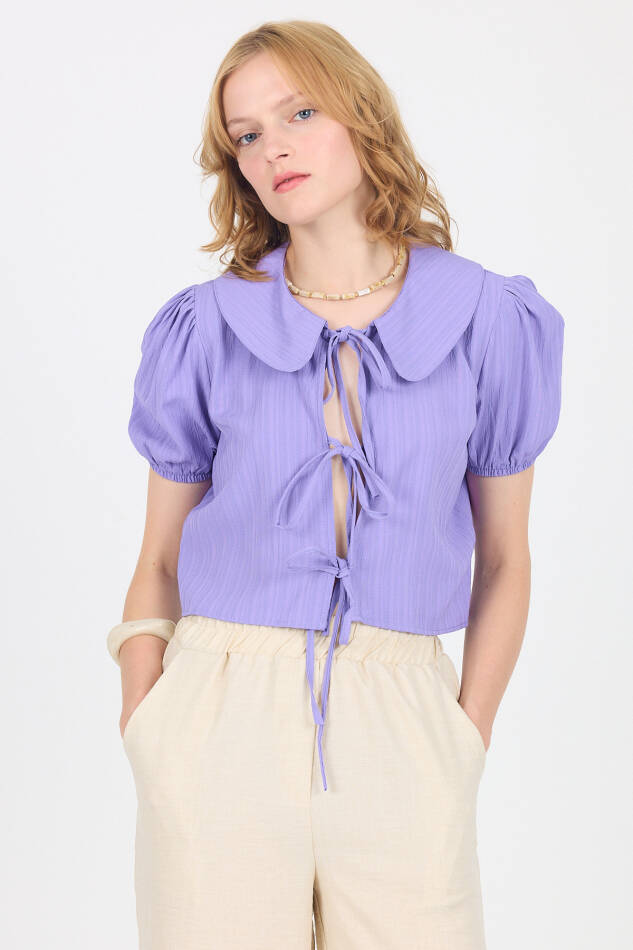 Lila Bağlama Detaylı Bebe Yaka Crop Bluz 8064 - 1