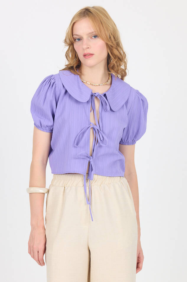 Lila Bağlama Detaylı Bebe Yaka Crop Bluz 8064 - 2