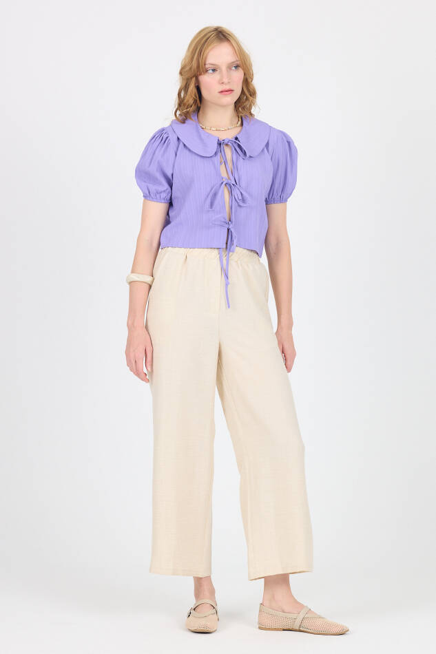 Lila Bağlama Detaylı Bebe Yaka Crop Bluz 8064 - 3