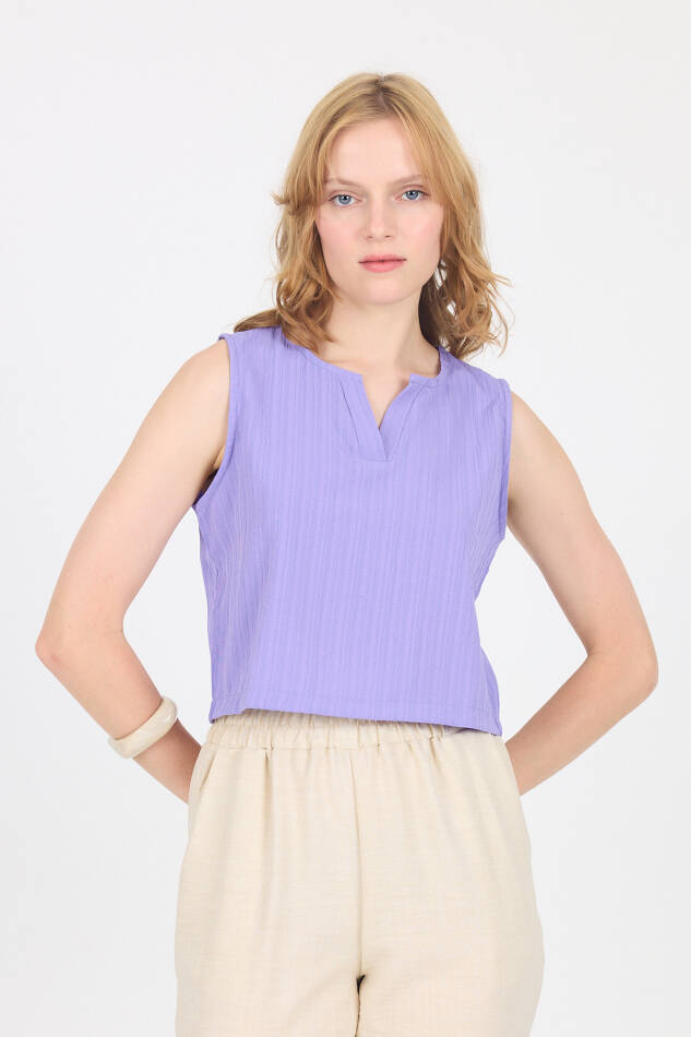 Lila V Yaka Kolsuz Crop Bluz 8027 - 2