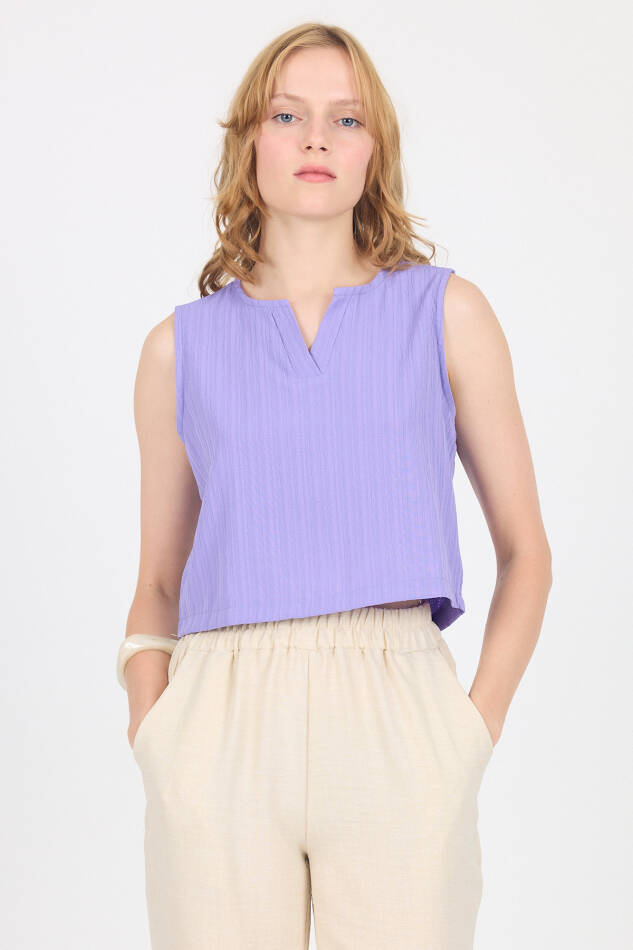 Lila V Yaka Kolsuz Crop Bluz 8027 - 6